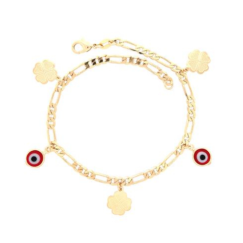 Introducing the Red Evil Eyes and Clover Figaro Chain Link Anklet Bracelet, featuring alternating charms: two red circular charms adorned with a white and black evil eye motif for spiritual protection, alongside two four-leaf clover charms.